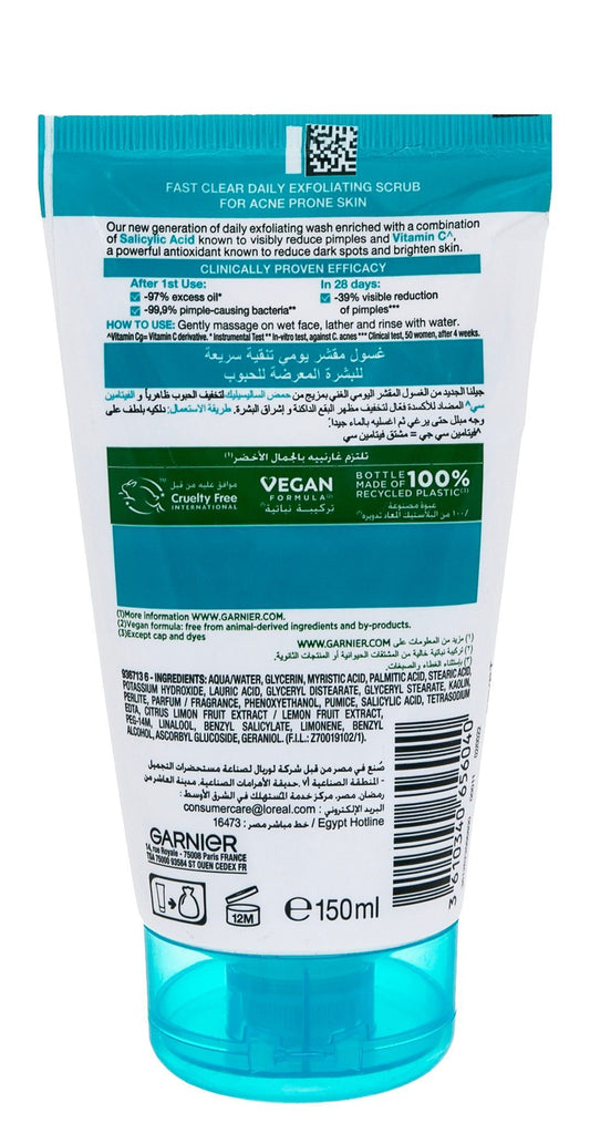 Garnier Skin Active Fast Clear Daily Exfoliating Scrub Face Wash for Acne Prone Skin with Salicylic Acid & Vitamin C, 150ml - Makkah Pharmacy