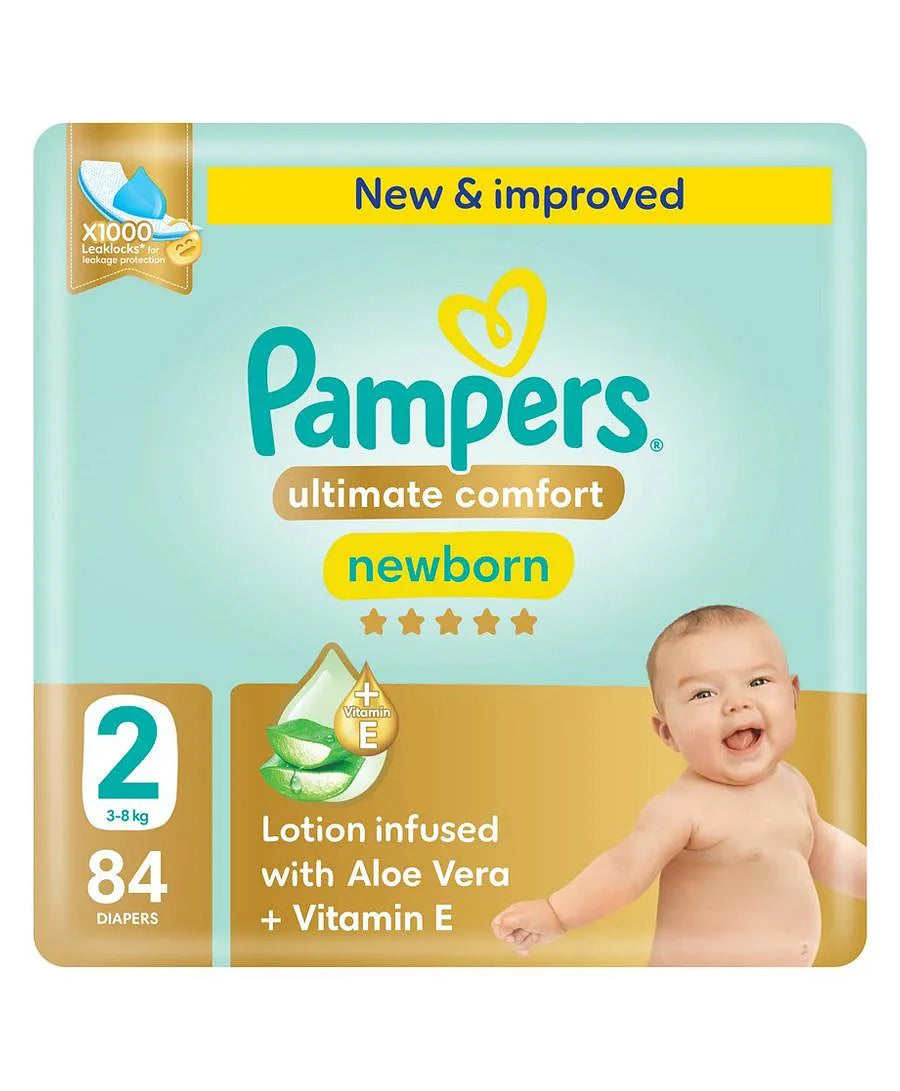 Pampers Ultimate Comfort Tape Style Diapers, Size 2, 84 Pieces, 3-8kg - Lotion infused with Aloe Vera and Vitamin E, x1000 Leak Locks Technology for Leakage Protection