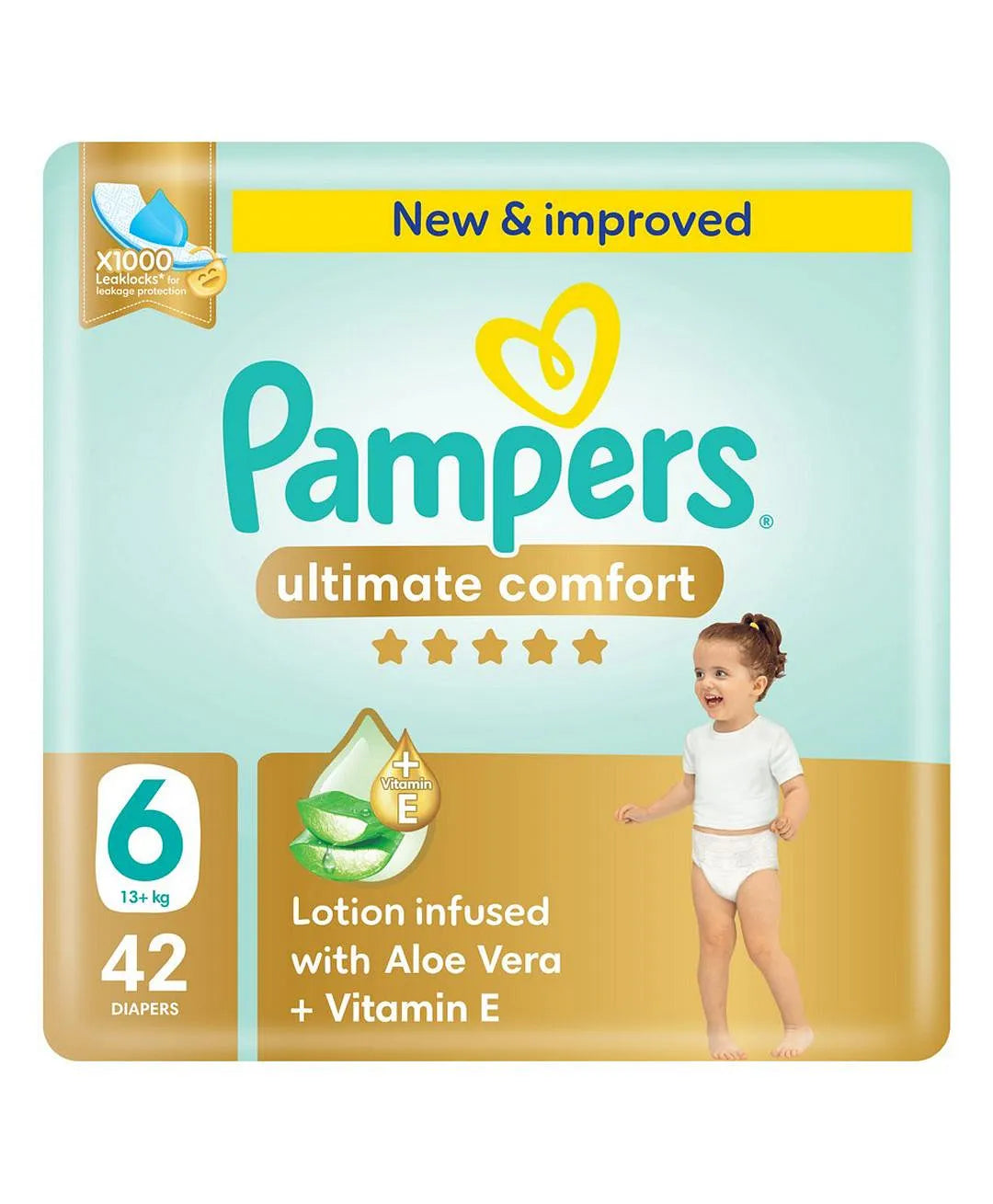 Pampers Ultimate Comfort Taped Diapers, Size 6, 13+kg, Lotion infused with Aloe Vera and Vitamin E, x1000 Leak Locks Technology for Leakage Protection, Giant Pack, 42 Count