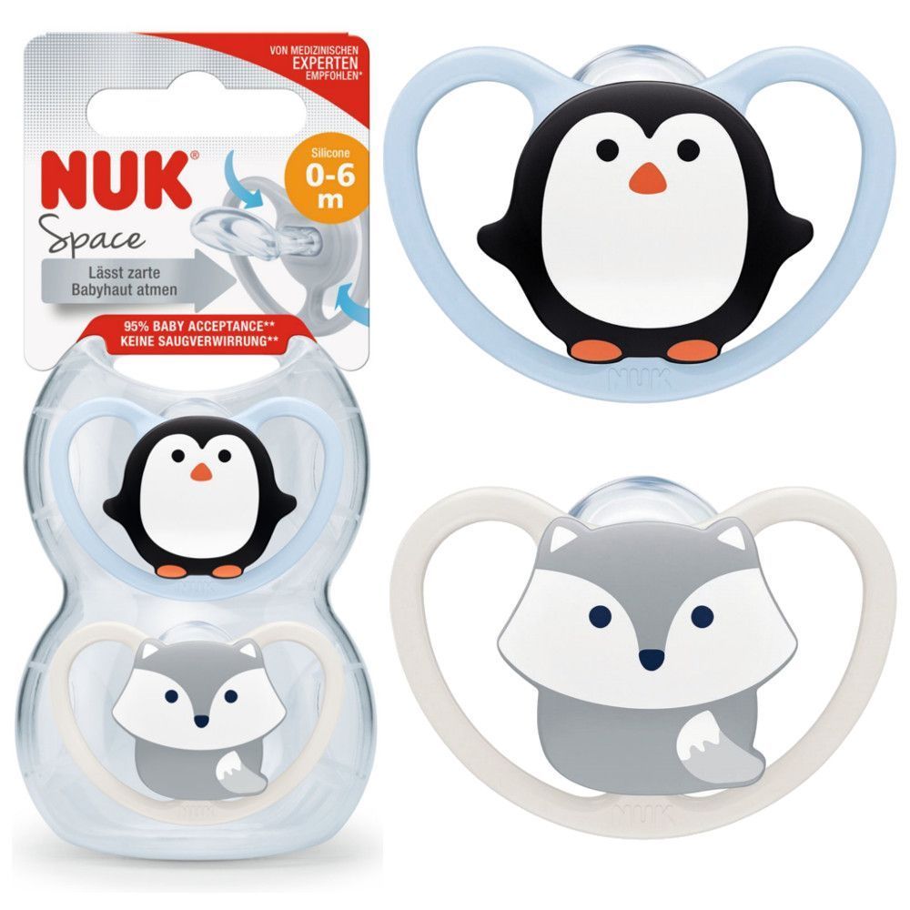 Nuk Space Penguin & Fox Print Silicone Soothers (0-6 Months), 2 Pieces - Makkah Pharmacy