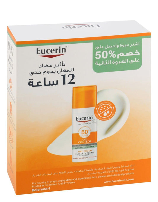 Eucerin Ultra Light Water-Resistant Non-Sticky Dry Touch Oil Controlling Facial Sunscreen Gel Cream for Oil & Blemish Prone Skin SPF50+, 2x50ml - Makkah Pharmacy