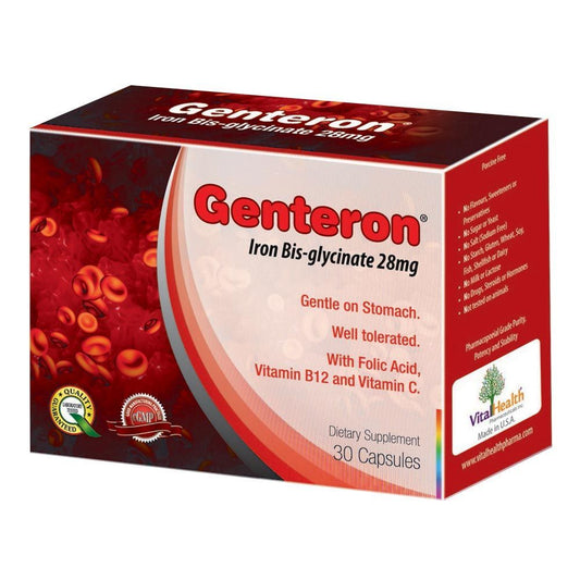 Genteron 28mg Iron Bis-Glycinate Supplement with Folic Acid, Vitamin B12 & Vitamin C - gluten free, wheat free, preservatives free 30 capsules - Makkah Pharmacy