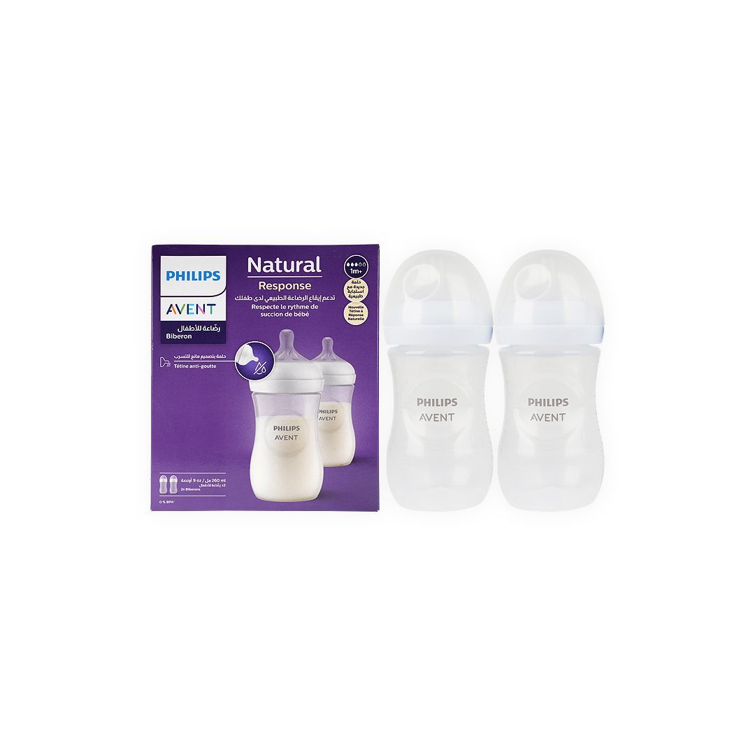 Philips Avent Natural Response White 260ml Anti-Colic Feeding Bottles (1+ Months), 2 Pieces - Makkah Pharmacy