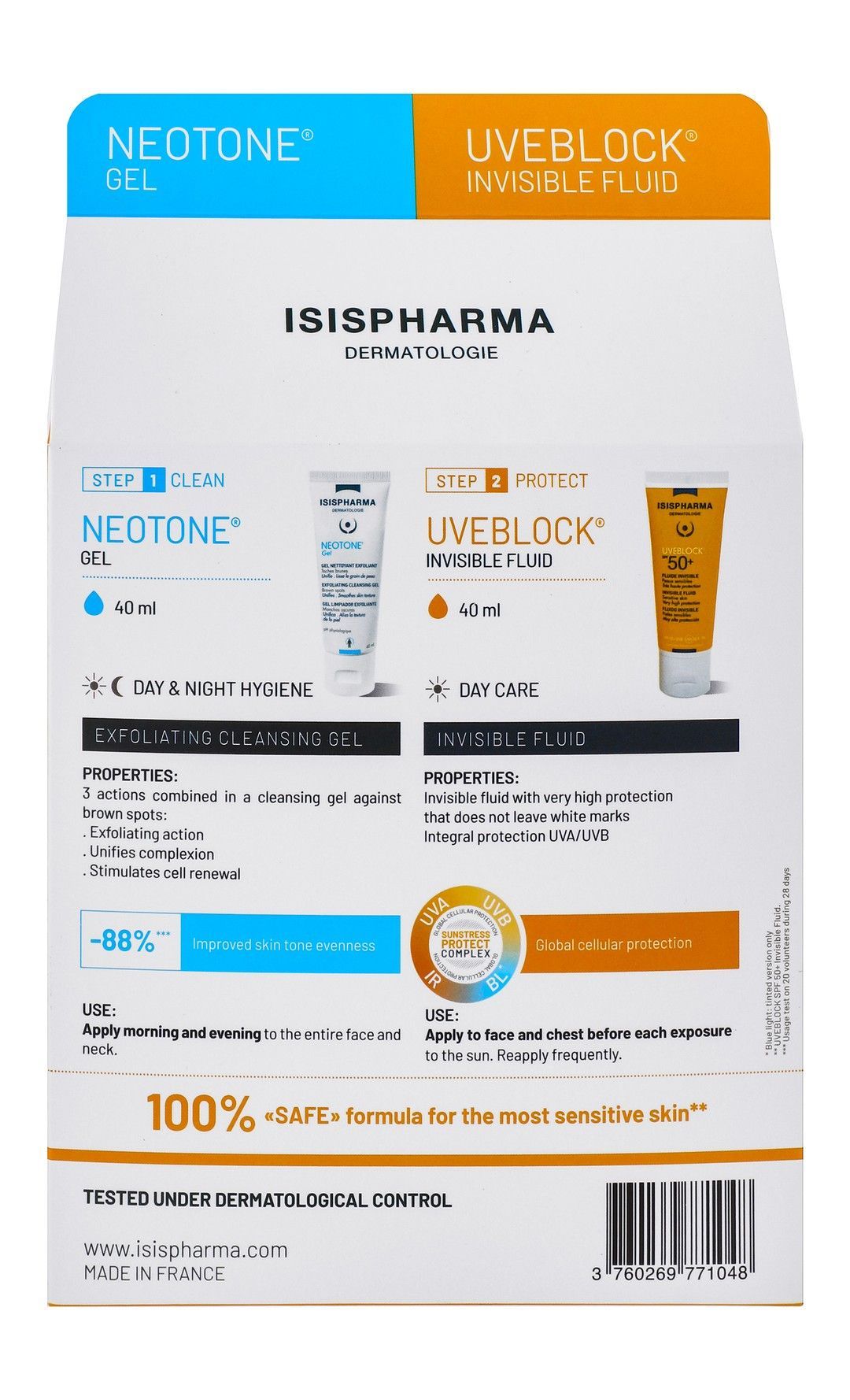 Isispharma Exfoliating & Cleansing Neotone Facial Gel (40ml) & Uveblock Invisible Facial Fluid for Sensitive Skin SPF50+ (40ml), 1 bundle - Makkah Pharmacy