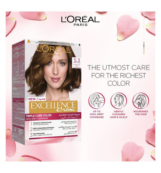 L'Oreal Excellence Triple Care Hair Color Cream Light Golden Brown 5.3, 1 Pack - Makkah Pharmacy