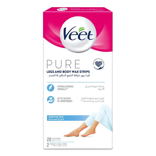 Veet Hair Removal Wax Strips for Sensitive Skin Legs & Body, 20 Strips - Makkah Pharmacy