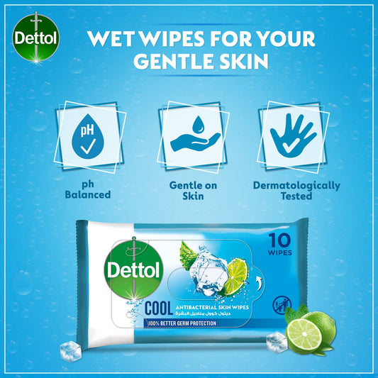 Dettol Cool Antibacterial Skin Wipes, 10 Wipes - Makkah Pharmacy