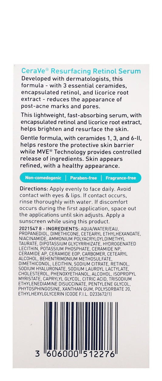 CeraVe Resurfacing Retinol Face Serum with Ceramides, Licorice Root Extract & Niacinamide for Acne & Pores, 30ml - Makkah Pharmacy