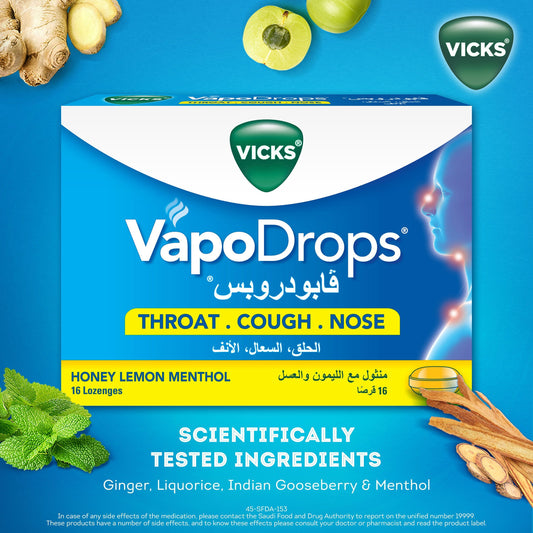 Vicks VapoDrops Honey Lemon Menthol Lozenges Soothes & Relieves Sore Throat, 16 Pieces - Makkah Pharmacy