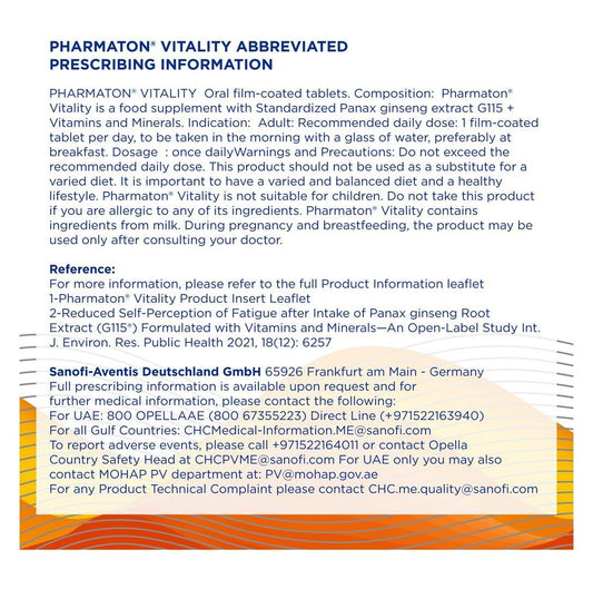 Pharmaton Vitality Food Supplement Film-Coated Tablets, 30 Counts - Makkah Pharmacy