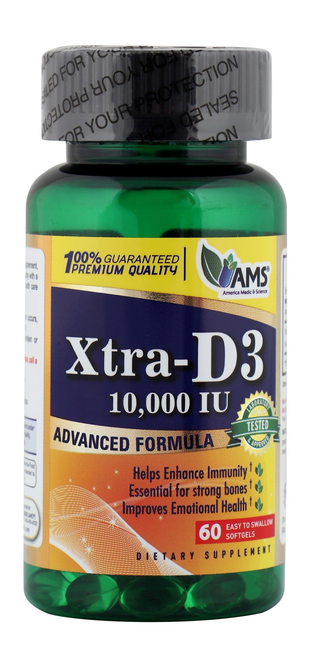 AMS 10,000 IU Bones & Immune Health Vitamin D3 Supplement, 60 softgels - Makkah Pharmacy