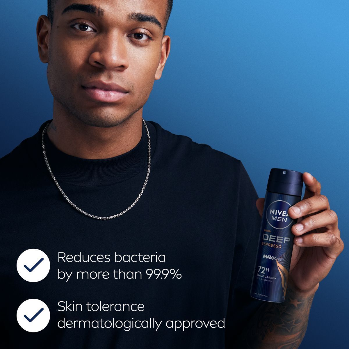 Nivea Men Deep Black Carbon Espresso Antiperspirant Antibacterial Deodorant Spray, 150ml - Makkah Pharmacy