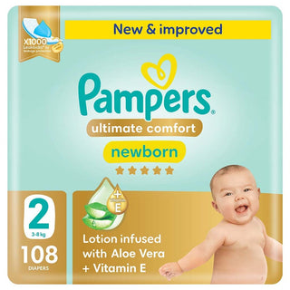 Pampers Nappies Size 2 (4-8 kg), Premium Care Nappies, Pack of 108, Best Comfort and Protection for Sensitive Skin Pampers