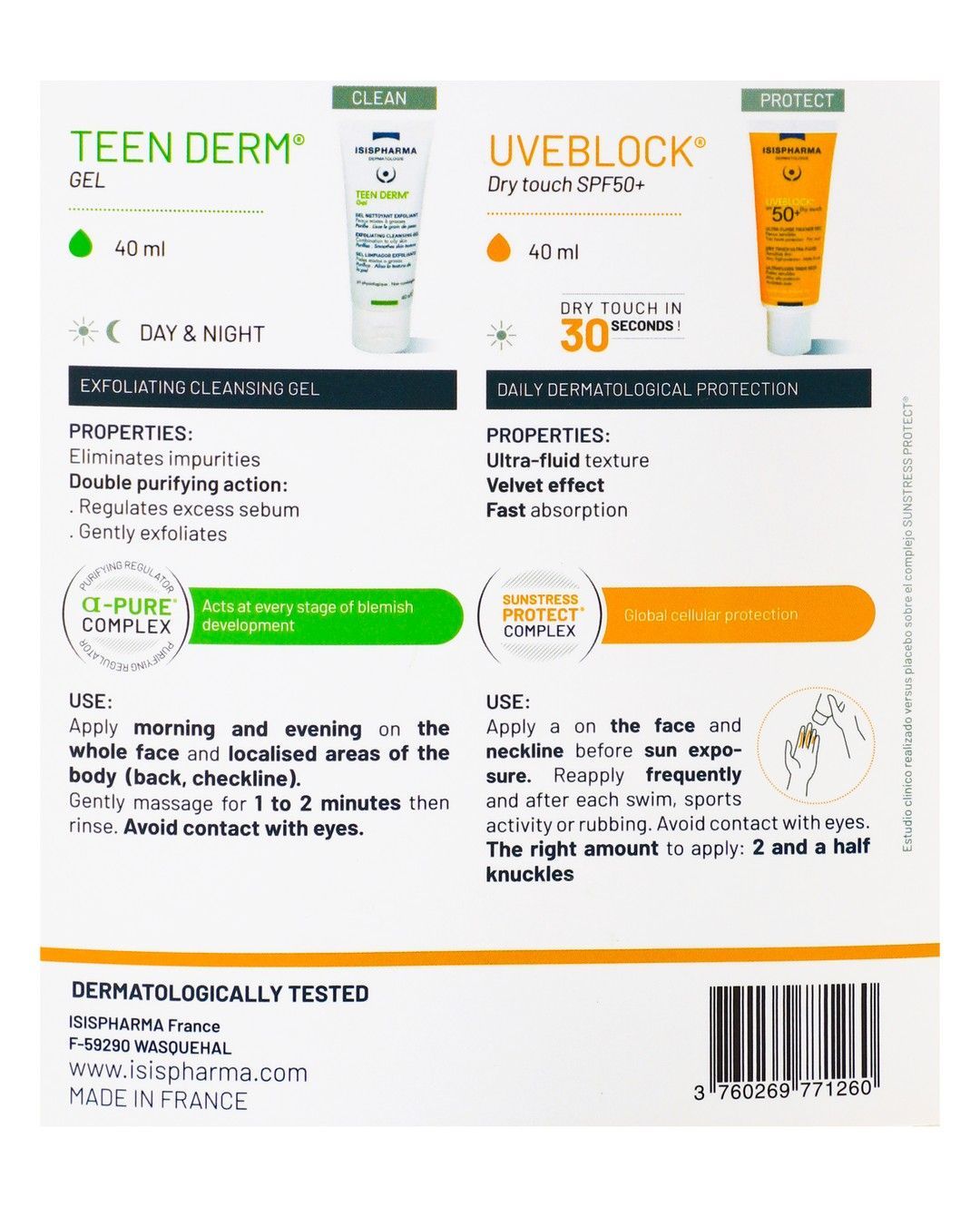Isispharma Uveblock Dry Touch Sunscreen for Sensitive Skin SPF50+ (40ml) with Free Teen Derm Exfoliating, Purifying & Smoothing Gel Facial Cleanser for Combination to Oily Skin (40ml), 1 bundle - Makkah Pharmacy