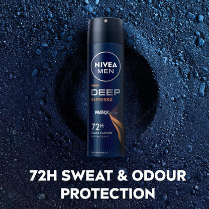Nivea Men Deep Black Carbon Espresso Antiperspirant Antibacterial Deodorant Spray, 150ml - Makkah Pharmacy