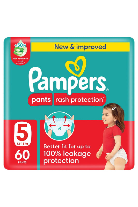 Pampers Rash Protection Pants Diapers, Size 5, 12-18kg, Giant Pack, 60 pcs Soft Fit, Breathable Layers