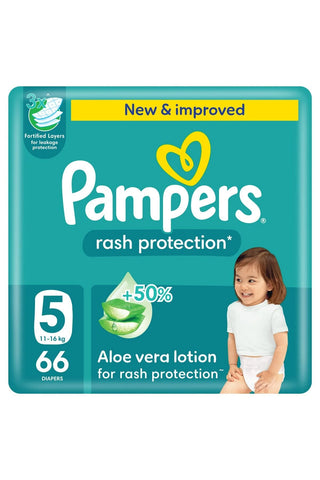 Pampers Rash Pro. Taped Diapers, S5, 11-16kg,+50% Aloe Vera Lotion 3x Fortified Layers Jumbo Pack, 66 Ct