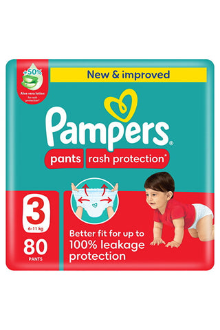 Pampers Rash Protection Pants Diapers, Size 3, 6-11kg, Giant Pack, 80 pcs All-Day Dryness for Delicate Skin