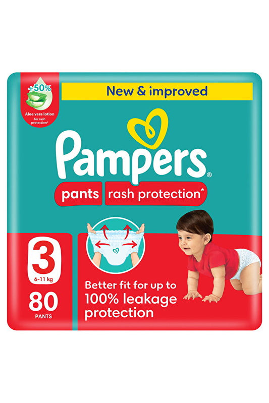 Pampers Rash Protection Pants Diapers, Size 3, 6-11kg, Giant Pack, 80 pcs All-Day Dryness for Delicate Skin