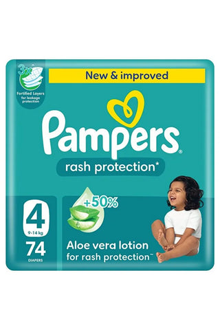 Pampers Rash Pro. Taped Diapers, S4, 9-14kg,+50% Aloe Vera Lotion, 3x Fortified Layers, Giant Pack, 74 Diapers