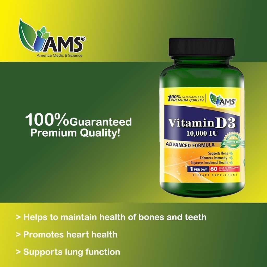 AMS 10,000 IU Bones & Immune Health Vitamin D3 Supplement, 60 softgels - Makkah Pharmacy