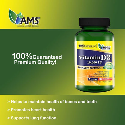AMS 10,000 IU Bones & Immune Health Vitamin D3 Supplement, 60 softgels - Makkah Pharmacy