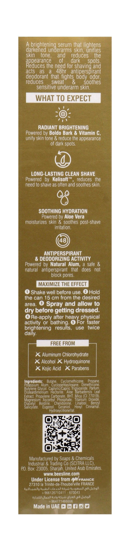 Beesline Delays Shaving Radiant Bright 48H Antiperspirant Underarm Serum Deodorant Spray with Vitamin C for Sensitive Skin, 150ml - Makkah Pharmacy