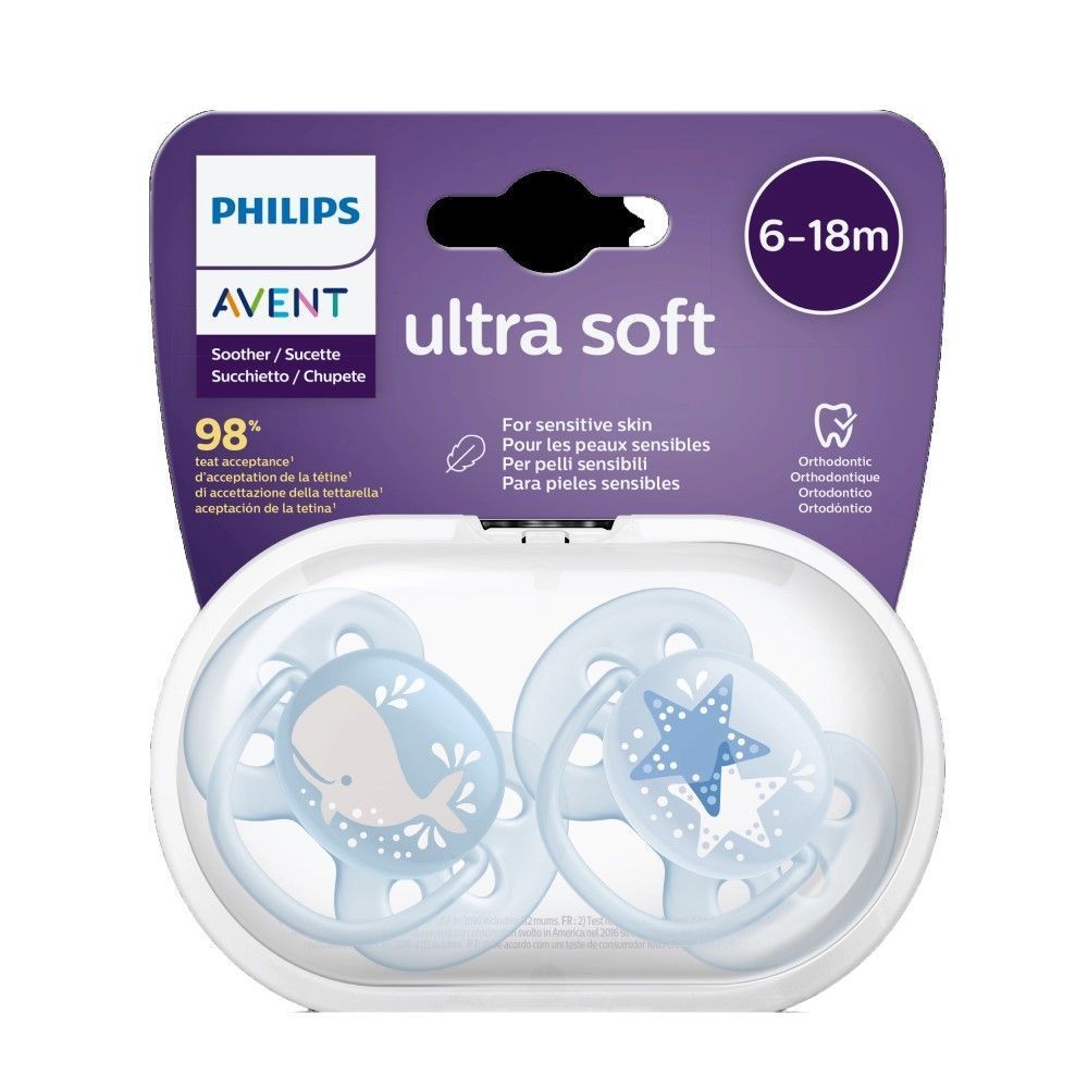 Philips Avent Ultra Soft Flexifit Blue Orthodontic Soothers (6-18 Months), 2 Pieces - Makkah Pharmacy