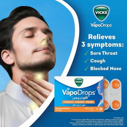 Vicks VapoDrops Orange Menthol Lozenges Soothes & Relieves Sore Throat, 16 Pieces - Makkah Pharmacy