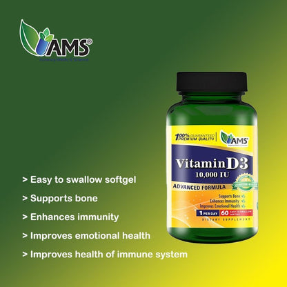 AMS 10,000 IU Bones & Immune Health Vitamin D3 Supplement, 60 softgels - Makkah Pharmacy
