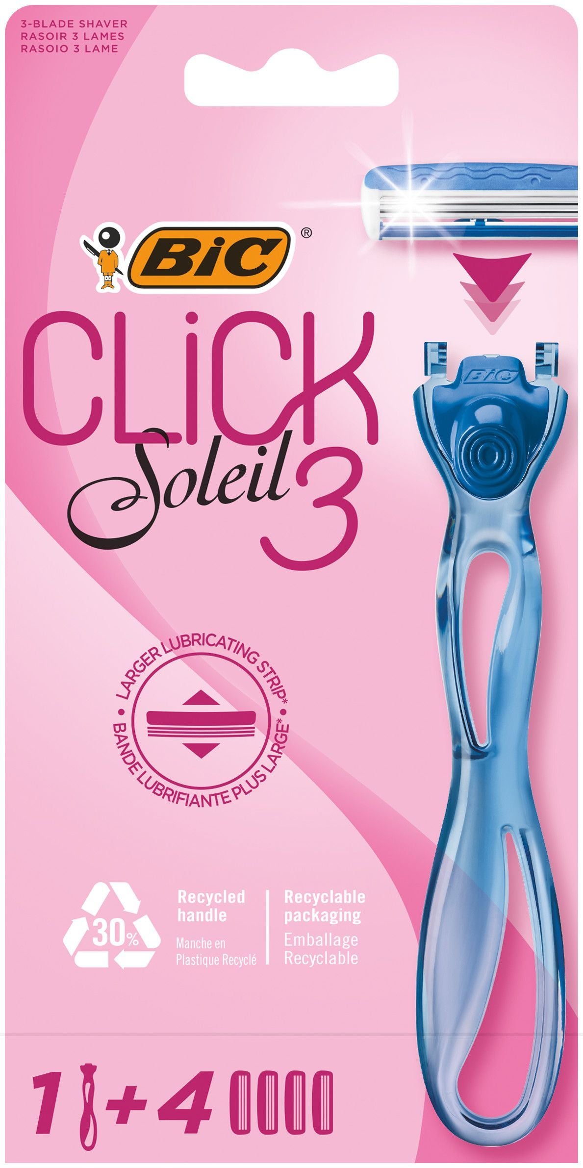 BIC Click 3 Soleil Refillable Women's Shaver Handle, 1 Pieces + Blade Refills, 4 Pieces - Makkah Pharmacy