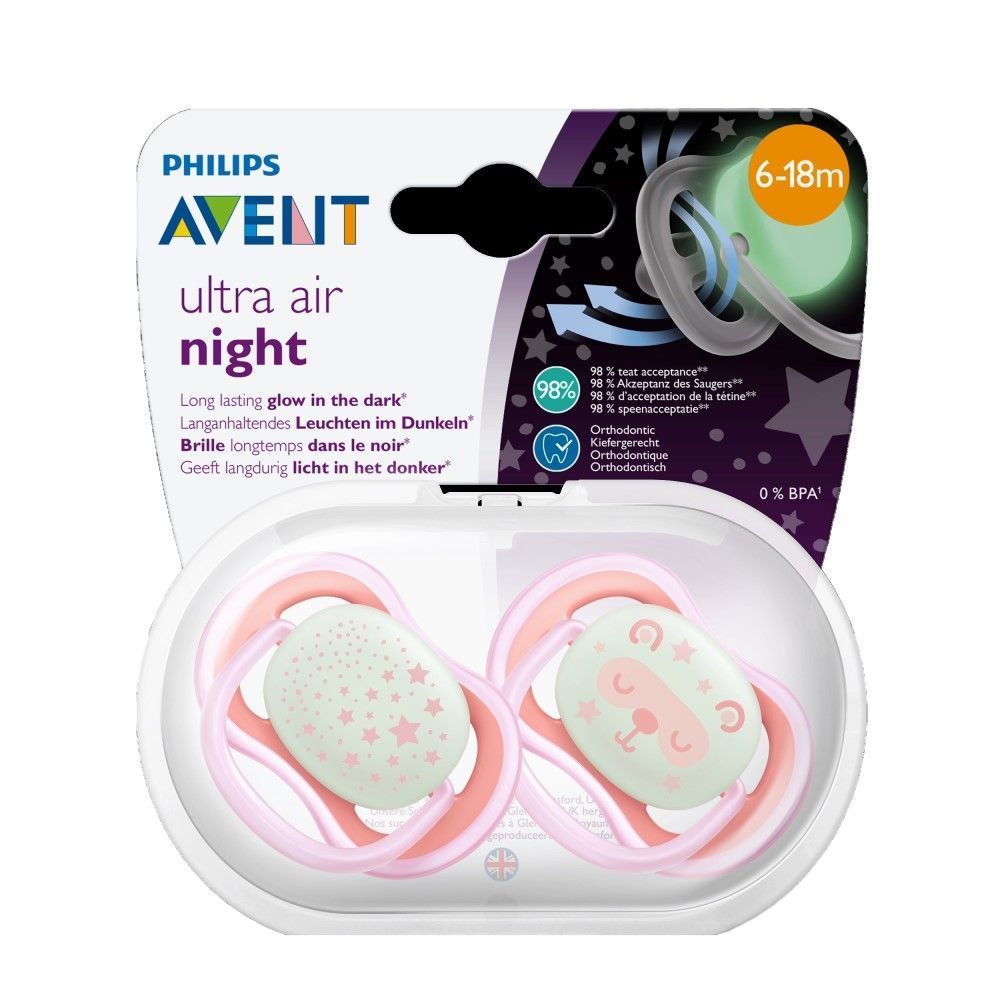 Philips Avent Ultra Air Night Silicon Soother for Girl 6-18 Months, 2 Pieces - Makkah Pharmacy