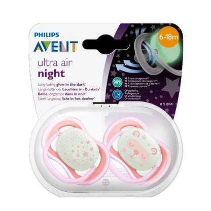 Philips Avent Ultra Air Night Silicon Soother for Girl 6-18 Months, 2 Pieces - Makkah Pharmacy