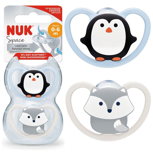 Nuk Space Penguin & Fox Print Silicone Soothers (0-6 Months), 2 Pieces - Makkah Pharmacy