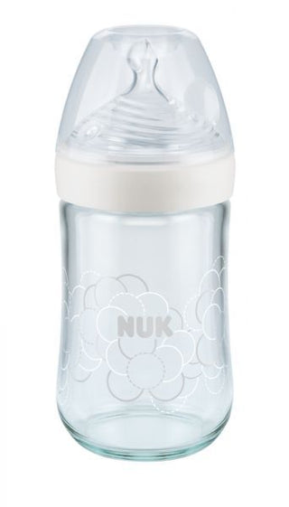 NUK Glass Baby Bottle With Silicone Teether 0-6 Months, 240ml - Makkah Pharmacy