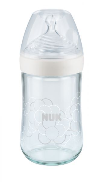 NUK Glass Baby Bottle With Silicone Teether 0-6 Months, 240ml - Makkah Pharmacy