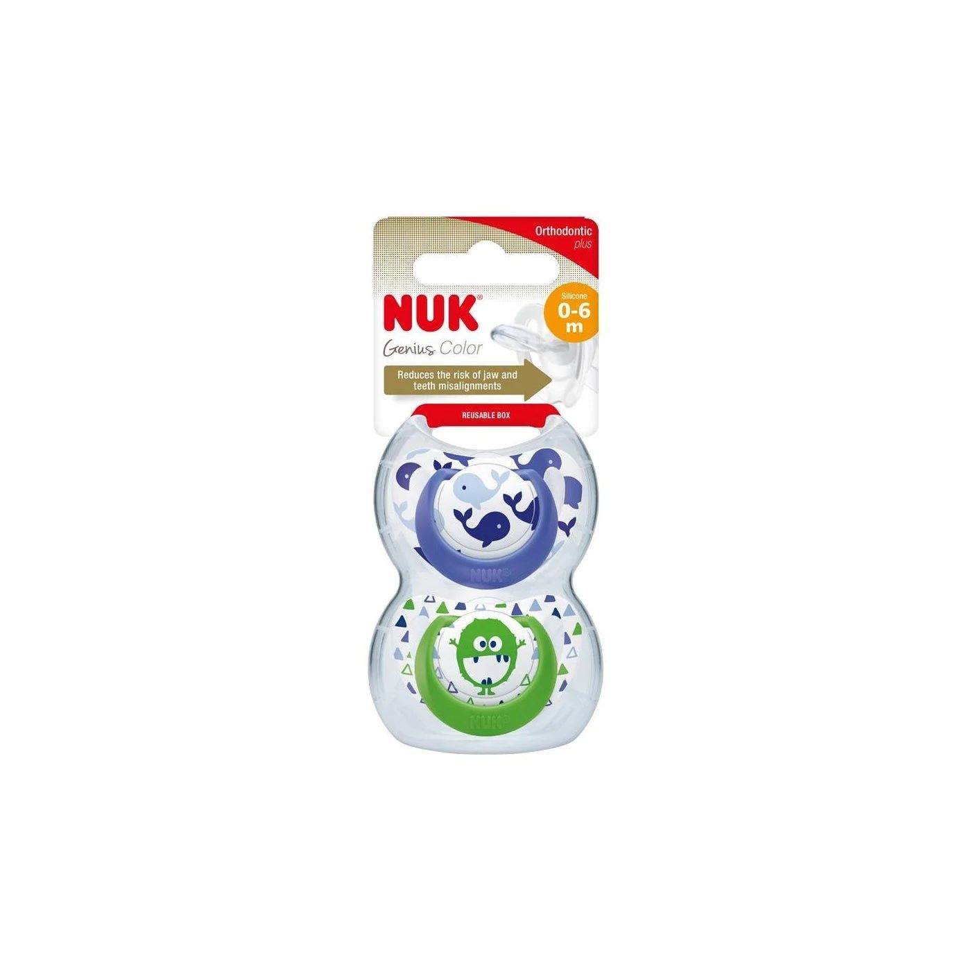 Nuk Genius Color Blue & Green Silicone Orthodontic Soothers (0-6 Months), 2 Pieces - Makkah Pharmacy