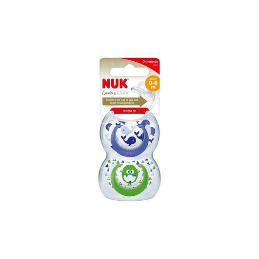 Nuk Genius Color Blue & Green Silicone Orthodontic Soothers (0-6 Months), 2 Pieces - Makkah Pharmacy