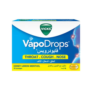 Vicks VapoDrops Honey Lemon Menthol Lozenges Soothes & Relieves Sore Throat, 16 Pieces - Makkah Pharmacy