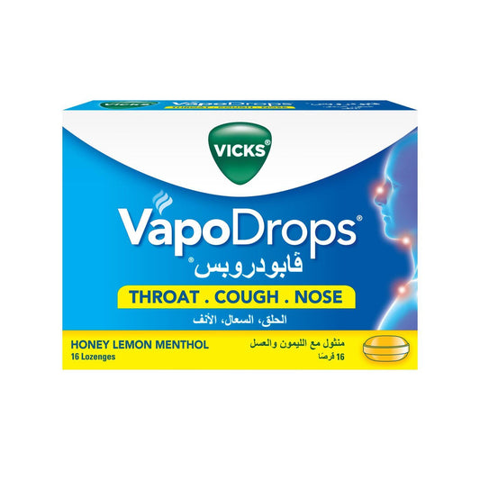 Vicks VapoDrops Honey Lemon Menthol Lozenges Soothes & Relieves Sore Throat, 16 Pieces - Makkah Pharmacy