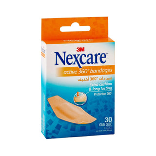 Nexcare Water-Resistant Active 360 Degree Cushion Plasters (28x76mm), 30 Pieces