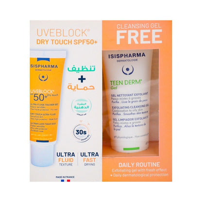 Isispharma Uveblock Dry Touch Sunscreen for Sensitive Skin SPF50+ (40ml) with Free Teen Derm Exfoliating, Purifying & Smoothing Gel Facial Cleanser for Combination to Oily Skin (40ml), 1 bundle - Makkah Pharmacy