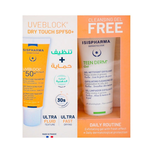 Isispharma Uveblock Dry Touch Sunscreen for Sensitive Skin SPF50+ (40ml) with Free Teen Derm Exfoliating, Purifying & Smoothing Gel Facial Cleanser for Combination to Oily Skin (40ml), 1 bundle - Makkah Pharmacy