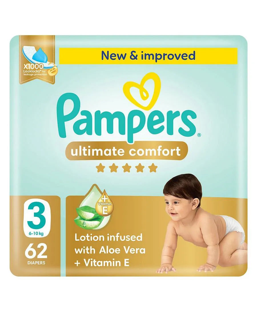 Pampers Ultimate Comfort Size 3 Tape Style Diapers, 62 Pieces - Softest Skin Protection, Leak-Free Comfort, 6 to 10kg, Wetness Indicator