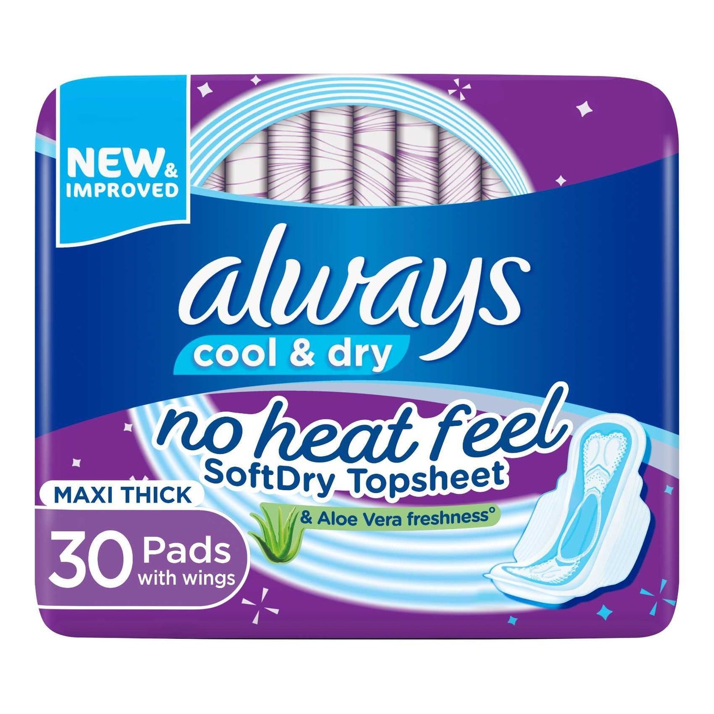 Always Aloe Cool Disposable Pads With Aloe Vera Essence For Light Days, For Zero Irritation Feel, Long Maxi Thick Pads With Wings, 30 Count