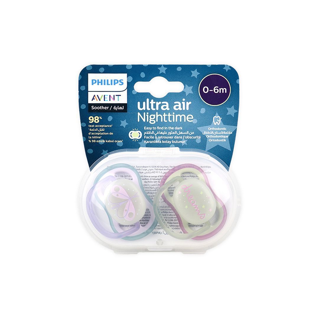 Philips Avent Ultra Air Night Time Soother Purple 0 To 6 Months 2 Pcs - Makkah Pharmacy