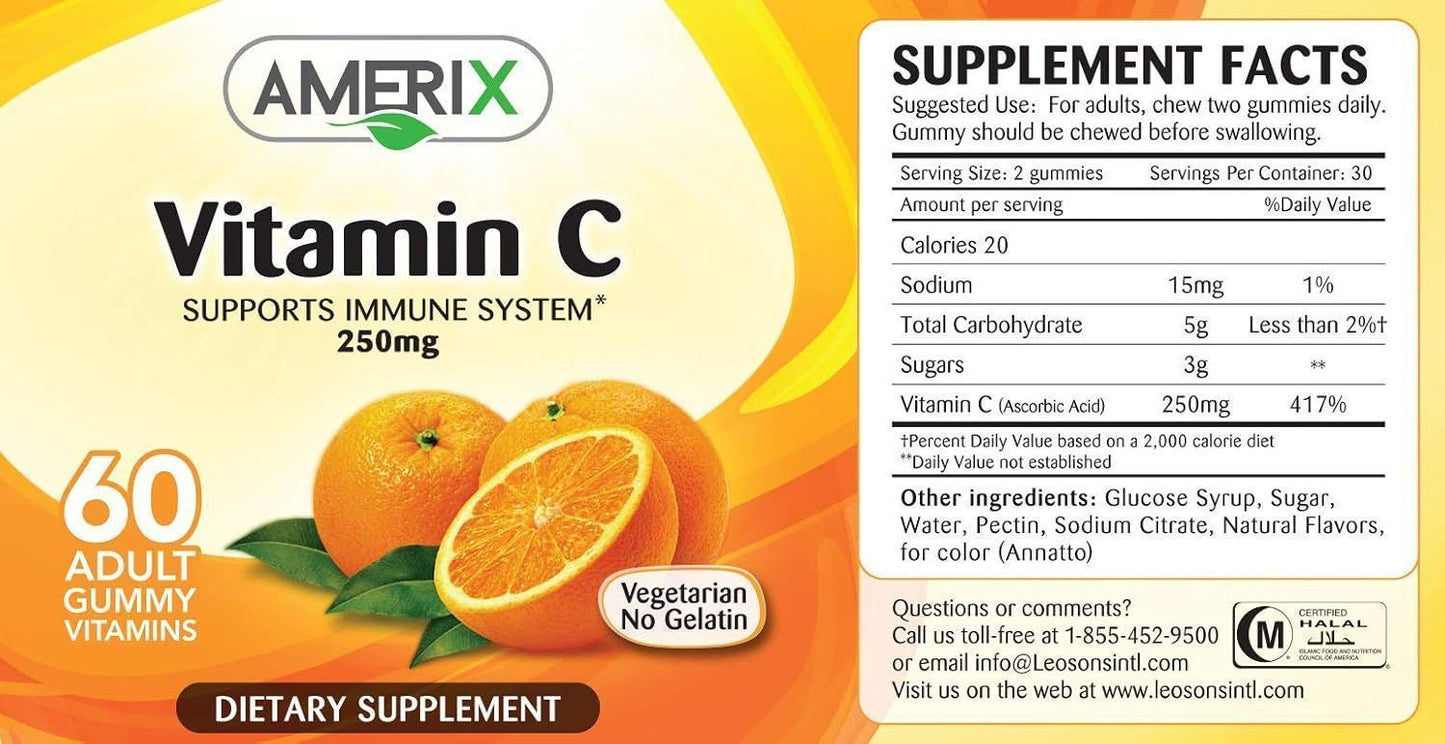 Amerix 250mg Orange Flavor Vitamin C Immunity Boosting Gummy Supplements, 60 Pieces - Makkah Pharmacy