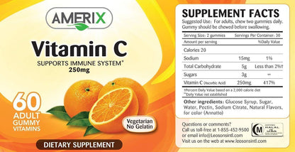 Amerix 250mg Orange Flavor Vitamin C Immunity Boosting Gummy Supplements, 60 Pieces - Makkah Pharmacy