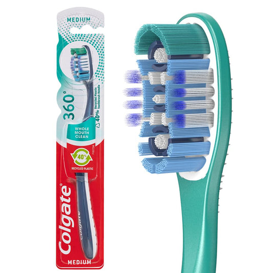 Colgate 360 Degree Whole Mouth Cleaner Purple & Green Medium Toothbrushes, 2 Pieces
