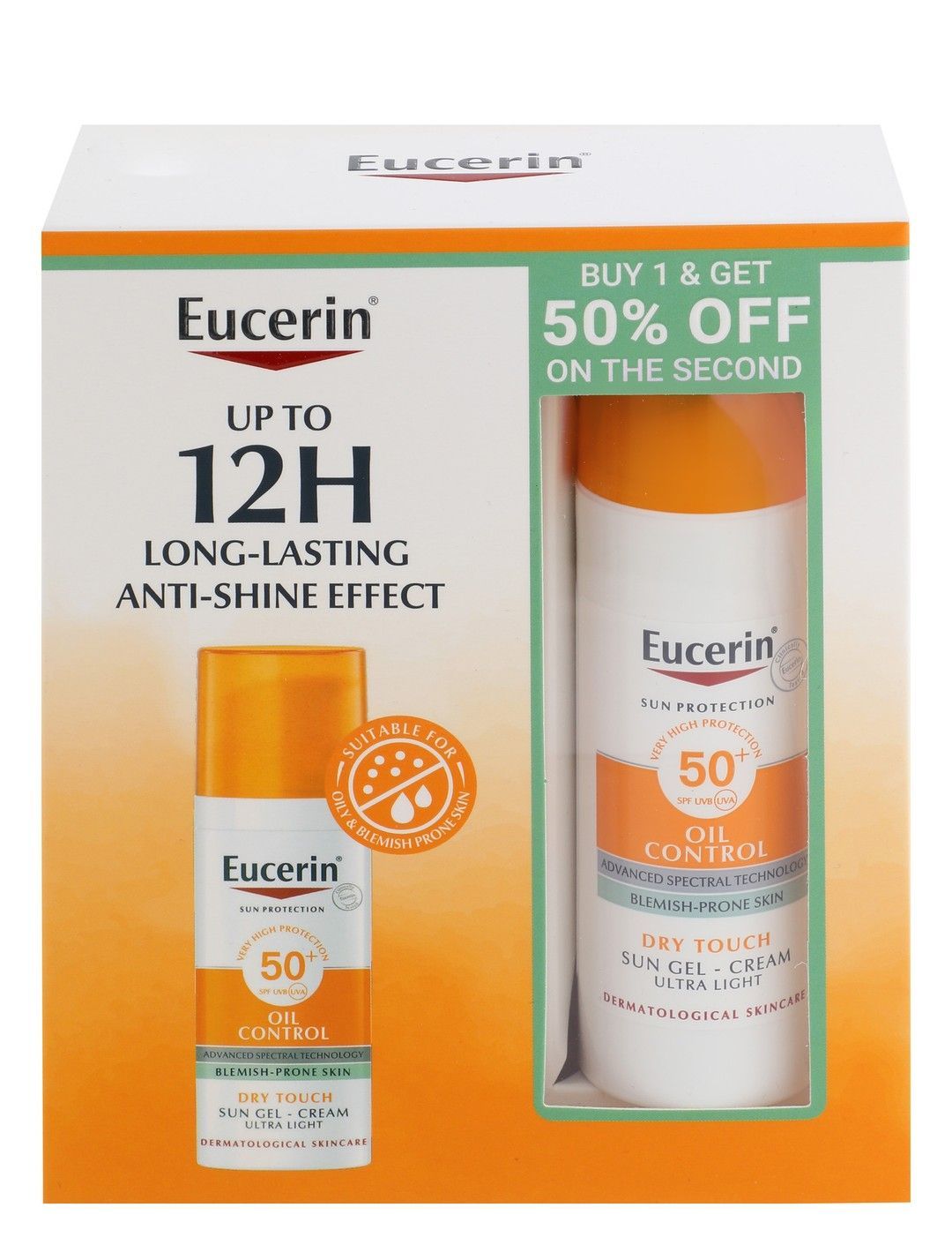 Eucerin Ultra Light Water-Resistant Non-Sticky Dry Touch Oil Controlling Facial Sunscreen Gel Cream for Oil & Blemish Prone Skin SPF50+, 2x50ml - Makkah Pharmacy